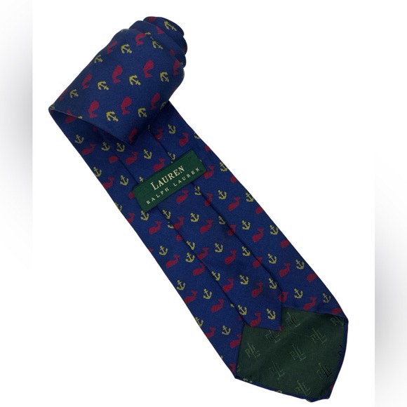 Ralph Lauren Nautical Blue Tie With Red Whales And Yellow Anchors 100 Silk